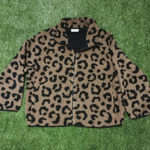 Janina leopard print sherpa fleece jacket front view